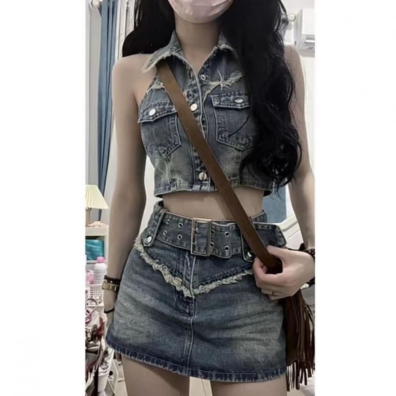 Hot Girl Street Sleeveless Short American Style Tank Top + High Waist Denim Skirt Two-Piece Set_voghion.com