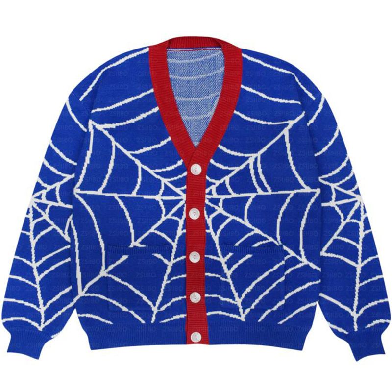 Cardigan rétro à imprimé toile d'araignée – Pull boutonné vintage Y2K (col en V unisexe, coupe oversize, 70 % acrylique, vert/noir/bleu/violet)_voghion.com
