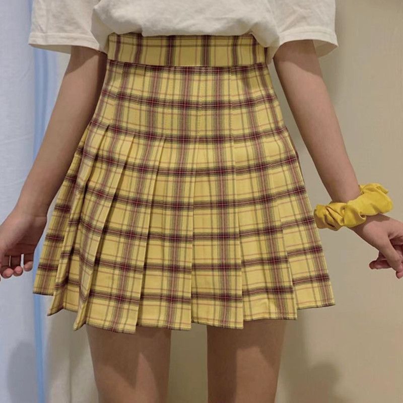 Gonna a pieghe a vita alta a quadri color caramella per donna, stile preppy, con minigonna morbida a quadri color caramella_voghion.com