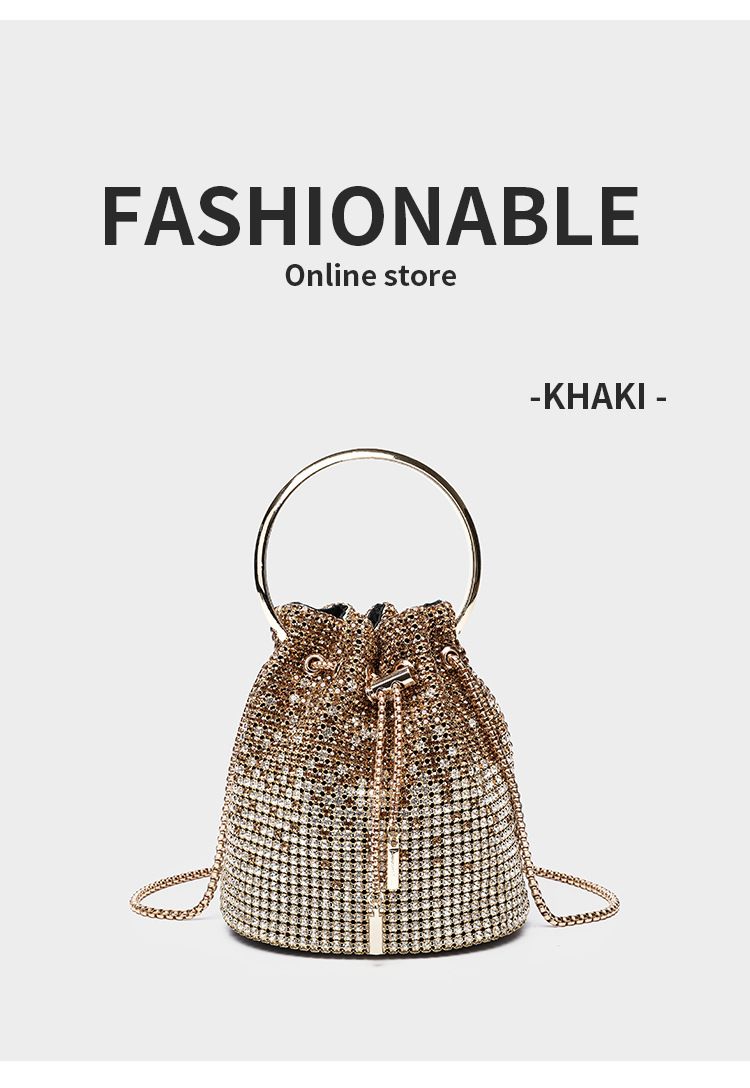 Borsa a secchiello da donna, borsa a secchiello con diamanti, borsa a tracolla obliqua da donna con frange di diamanti e catena termoretraibile_voghion.com