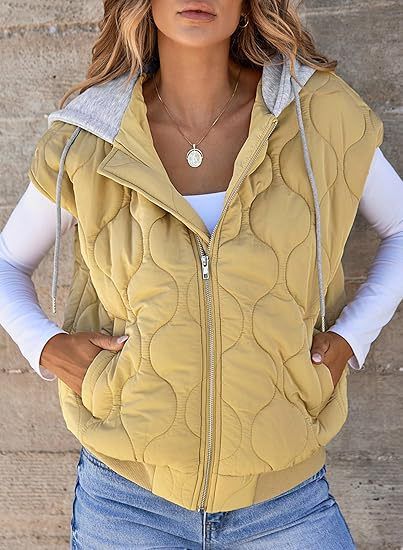 Nouvelle veste sans manches assortie pour femme, style européen et américain, simple et polyvalente, à capuche et cordon de serrage._voghion.com