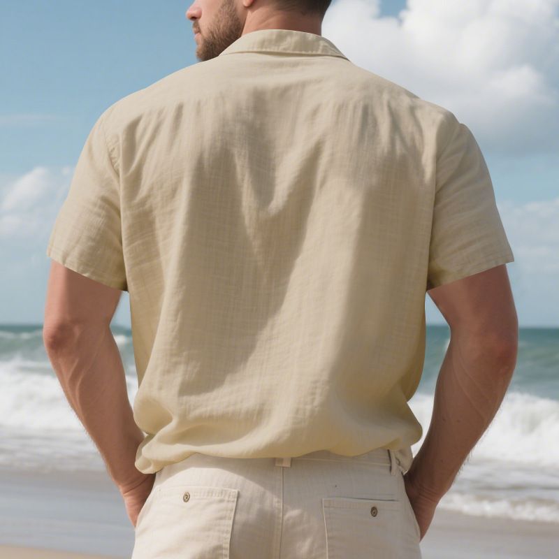 Herren Sommerhemd, amerikanisch, locker, Strand, atmungsaktiv, lässig, Leinen, mehrere Taschen, geknöpft, Arbeitskleidung, kurzärmelig_voghion.com