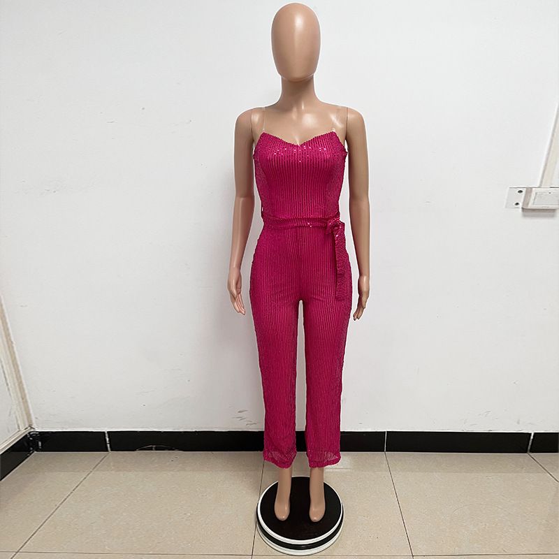 Dametøj Ærmeløs pailletterbæltejumpsuit ensfarvet tubetop rygløs jumpsuit_voghion.com