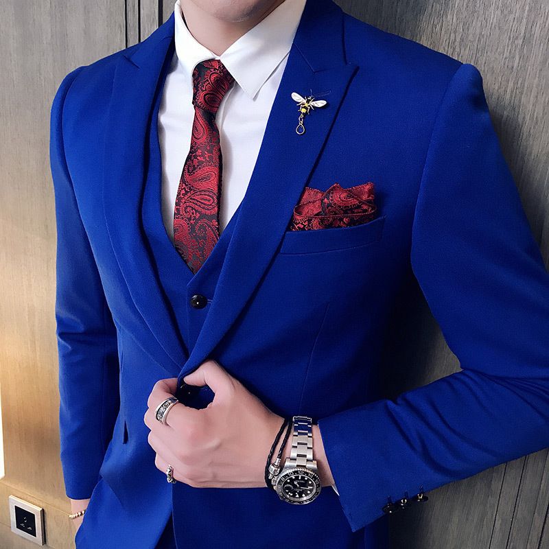 CT Solid Color Business Performance Internet Celebrity Wedding Groomsman Red Men's Suit Three-Piece Set_voghion.com