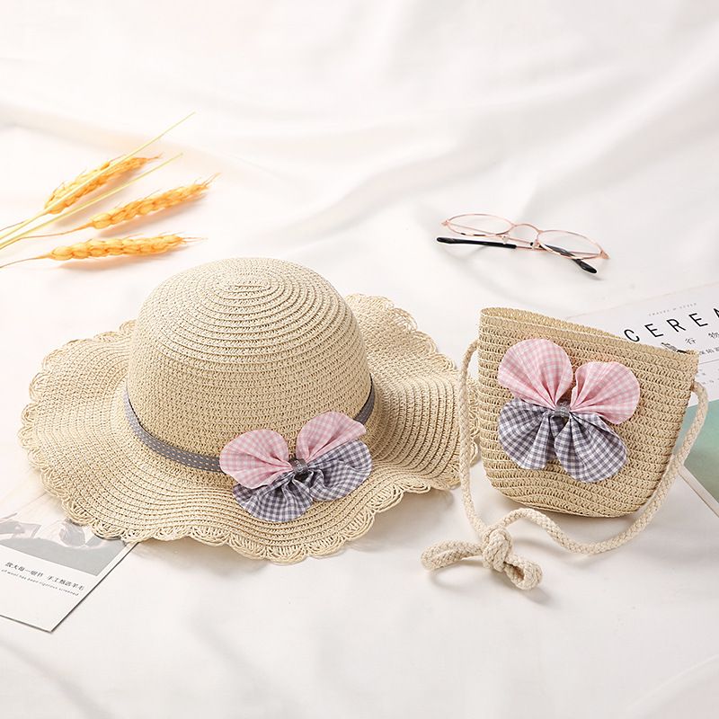 Moda Ragazze Paglia Turismo Fiore Bambini Cappello da Sole e Borsa Set Bambino Esterno Tesa Larga Cappelli da Pescatore_voghion.com