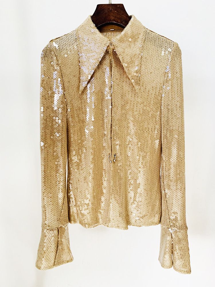 Ropa de mujer, moda estrella, mangas trompeta divididas, camisa de malla con cuentas y lentejuelas transparentes, pantalones acampanados_voghion.com