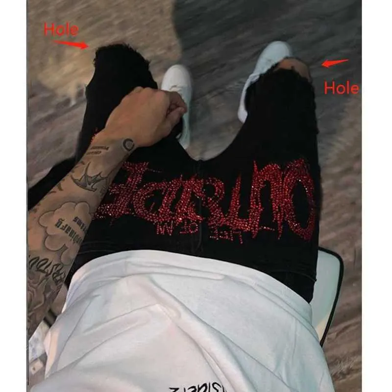 Vīriešu melnas, jaunas, caurumotas, zīmuļbikses, elastīgas, saplēstas, tievas, baikeru stila, karstas urbšanas, augstas kvalitātes, ielu panka stila, mazgātas_voghion.com