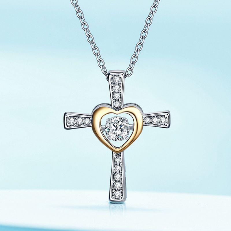Collana intelligente da donna in argento S925 con croce a forma di cuore, con catena a clavicola a forma di cuore che batte, catena per maglione_voghion.com