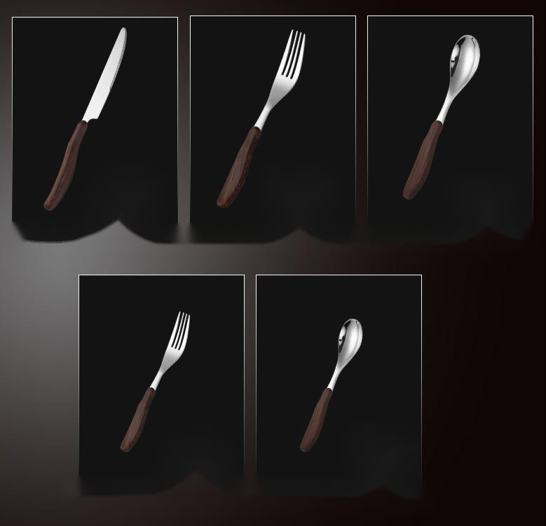 Stainless Steel Clip Handle Wood Grain Tableware Dining Fork Dessert Spoon Restaurant Western Steak Knife_voghion.com
