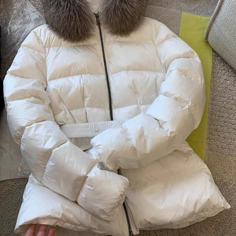 Raccoon Fur Collar 90% Goose Down Jacket Slim Waist High-End Women's Short Coat Winter White_voghion.com