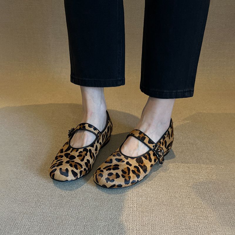 Sheepskin Leopard Print Round-Toe Low-Cut Versatile Flats Women's Mary Jane Casual Shoes_voghion.com
