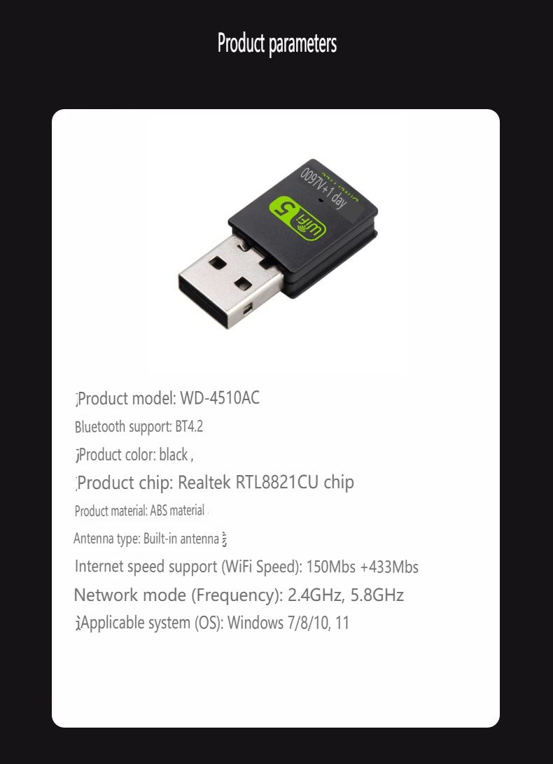 600Mbps Dual-Band Bluetooth WiFi Adapter - Plug & Play USB Wireless Network Card With RTL8821CU Chip, No Drivers Needed For Windows/Mac_voghion.com
