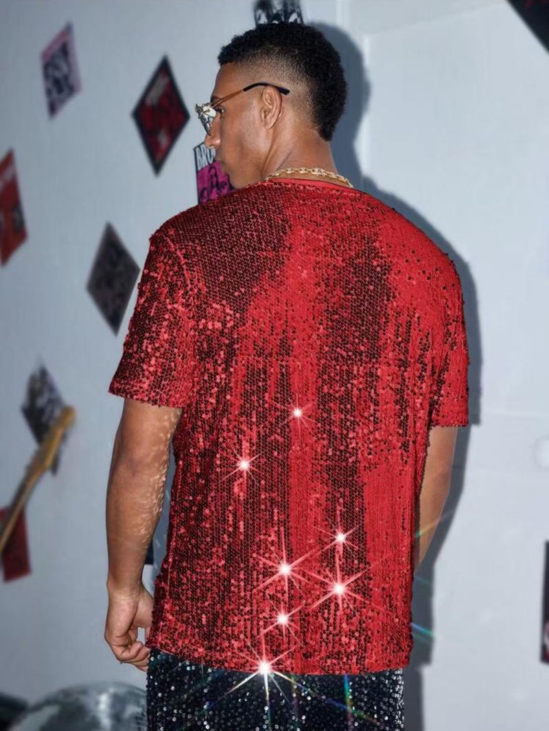2025 grenzüberschreitende Sommer neue Pailletten Kurzarm-T-Shirt Herren europäischen und amerikanischen Performance Kleid glänzende Sänger Kleidung_voghion.com