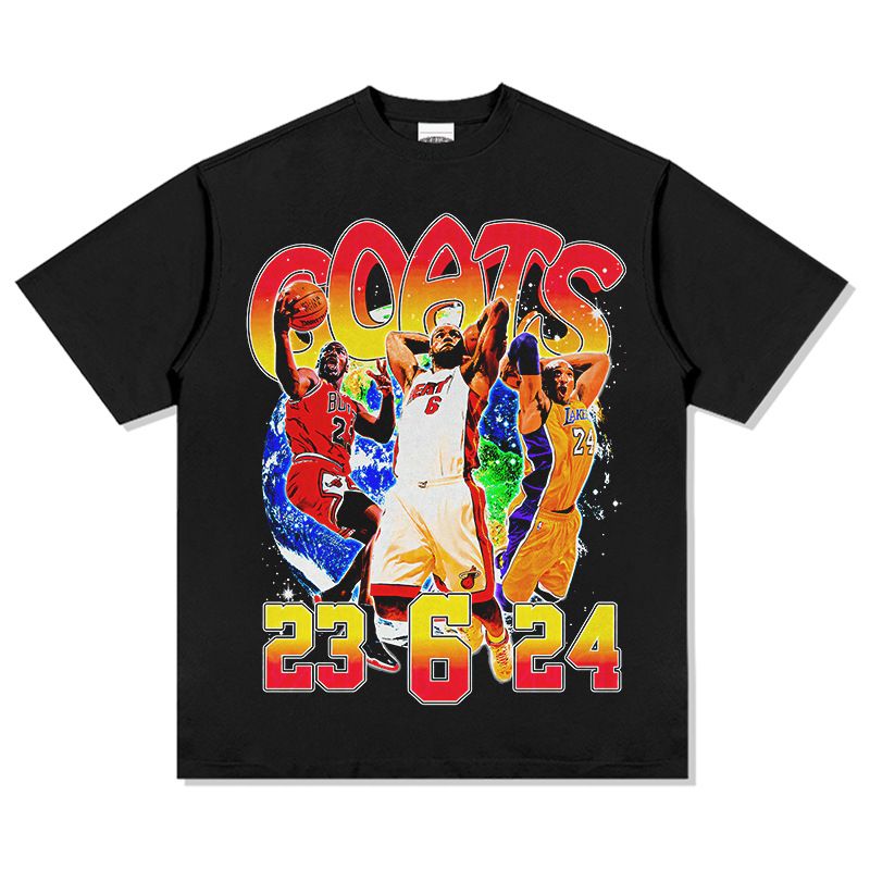 Camiseta estampada Big Three James Kobe manga curta comprida gola redonda caimento solto ombros caídos_voghion.com