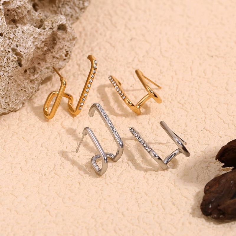 Boucles d'oreilles asymétriques à double trou, design géométrique, plein de diamants, personnalité, tempérament, mode, exquis, simple_voghion.com