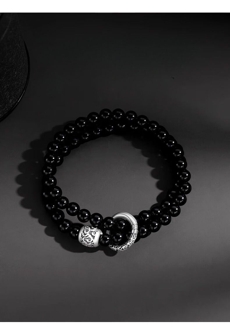 Chinese Pure Silver Bracelet Men With Obsidian Peace Buckle, Bracelet, Men's Jewelry, Birthday Gift For Boyfriend_voghion.com