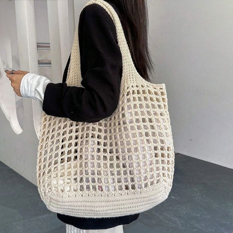 Vintage gewieft weiblech Strand Skelett Pendler Schëller Shopping Einfach Grouss Kapazitéit Gestrickte Tote Bag_voghion.com