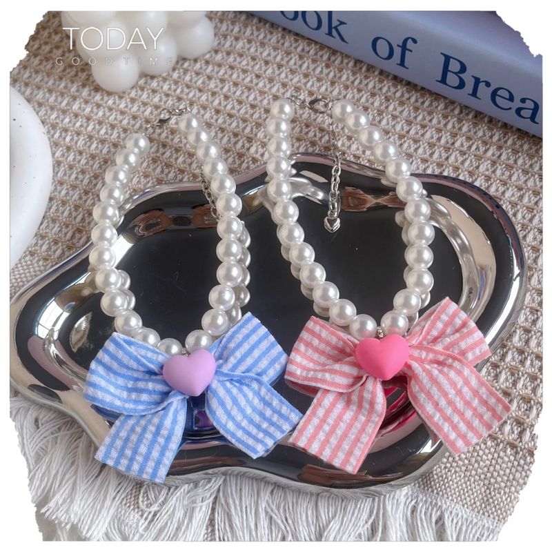 Collana di perle regolabile per cani e gatti, con fiocco in colori a contrasto, accessori per il collo degli animali domestici_voghion.com