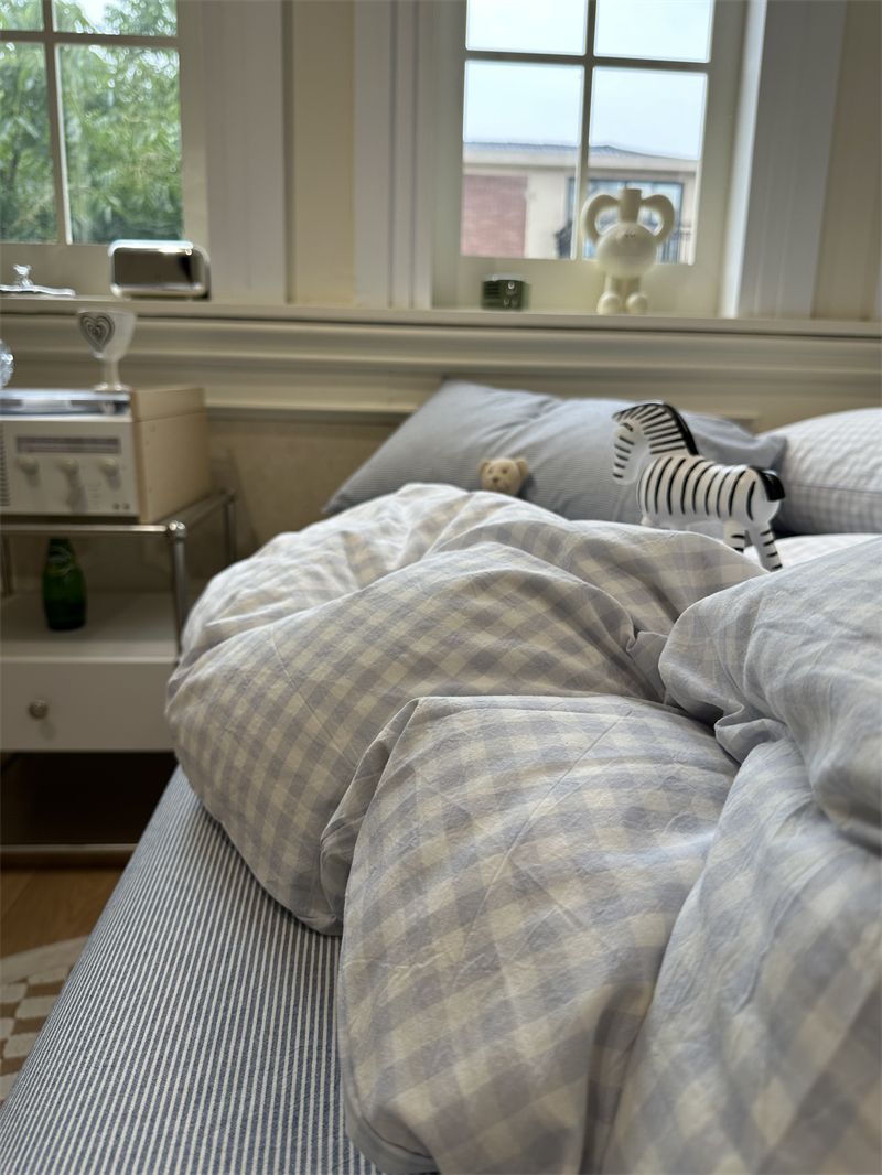 Minimalist Japanese Style Gray Plaid Bedding 100% Cotton 1.5m 1.8m Student Dormitory Duvet Cover Set 1.2m_voghion.com