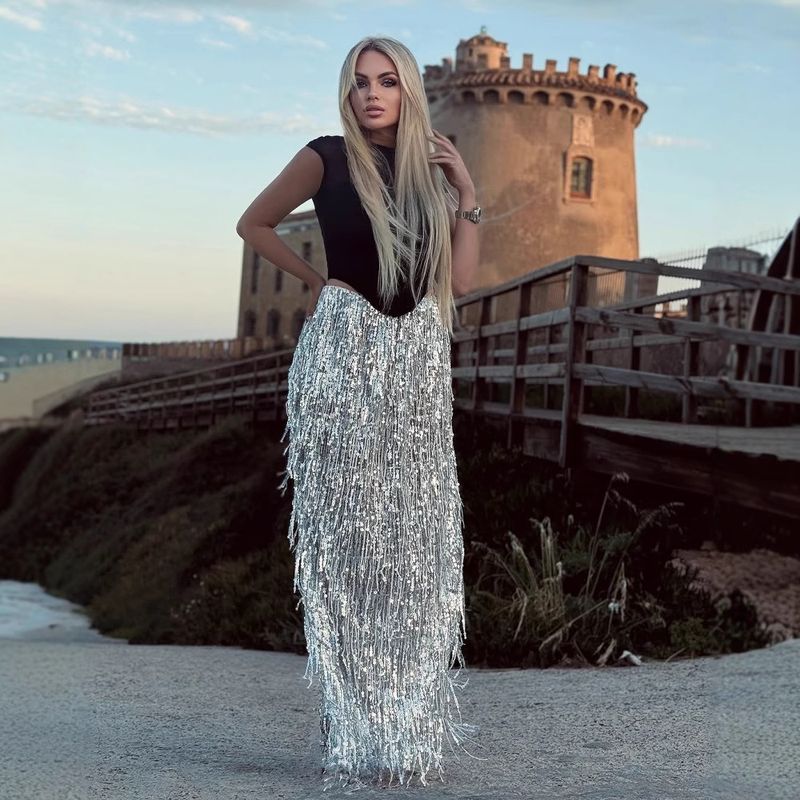 Summer New Style Sheer Top Tassel Sequin Long High Waist Half Skirt Two-Piece Women's Fashion Set_voghion.com