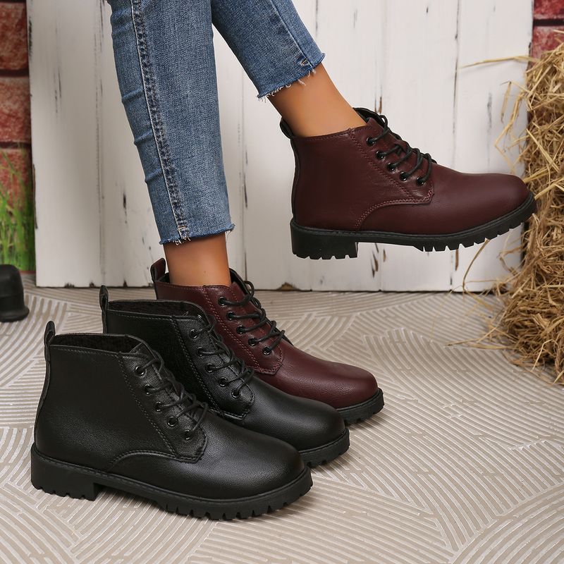 Damenschuhe Große kurze Stiefel für Damen Herbst und Winter Neue runde Zehenpartie Schnürstiefel mit mittlerem Absatz und dickem Absatz Martin-Stiefel_voghion.com