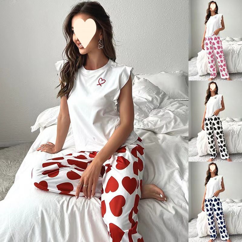 Pyjama-Set mit Oberteil mit kleinen Flatterärmeln und langer Hose mit Herz-Print, zweiteiliger lässiger Sommerpyjama_voghion.com