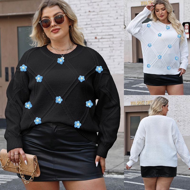 Women's Oversized Casual Sweater With Diamond Grid Pattern & 3D Crochet Floral Applique, Loose Fit Pullover Top In Black/White (Blue Flowers)_voghion.com