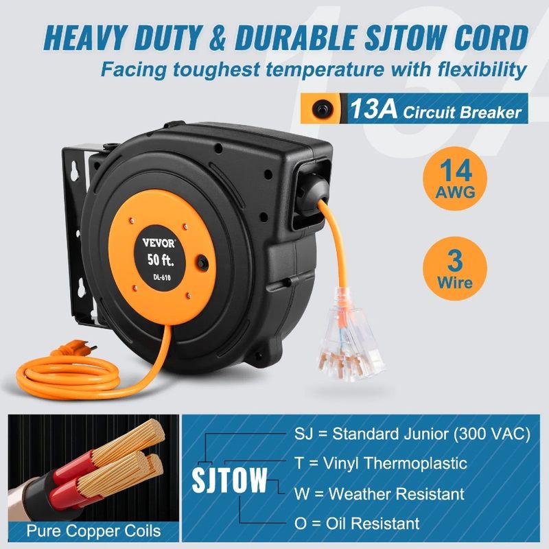 Power Reel Extension Cord 50ft Retractable Reel Cord 14AWG/3CSJTOW_voghion.com