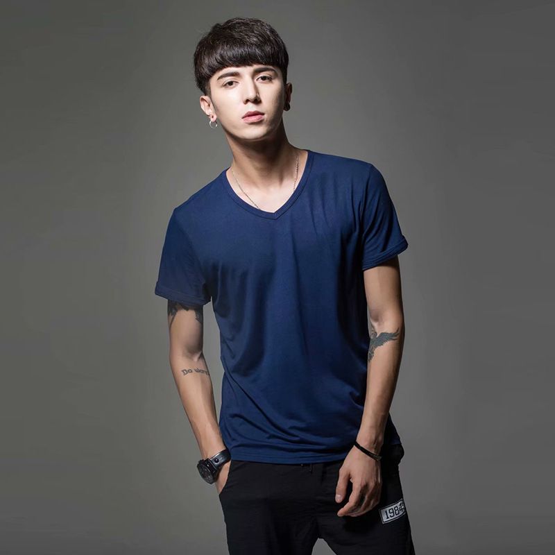 Maglietta a maniche corte a colori, estiva, casual, girocollo, corta, alla moda, con scollo a V, vestibilità aderente, per abbigliamento maschile_voghion.com