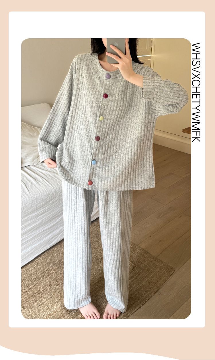 Pigiama in lana di pecora ChicShe per donna, cardigan con bottoni in colori caldi per autunno e inverno, manica lunga, dolce e semplice, casual, per la casa_voghion.com