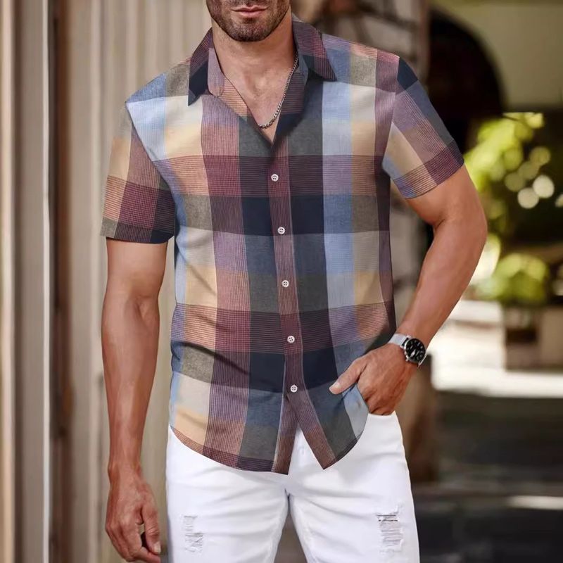 2024 nuova moda a quadri versione coreana camicia casual da uomo a maniche corte da uomo_voghion.com