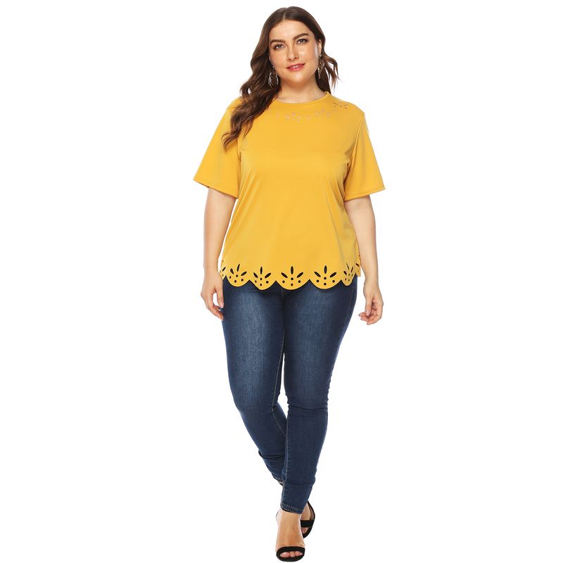 plus size women's round neck short-sleeved casual T-shirt hollow burnt flower solid color casual_voghion.com