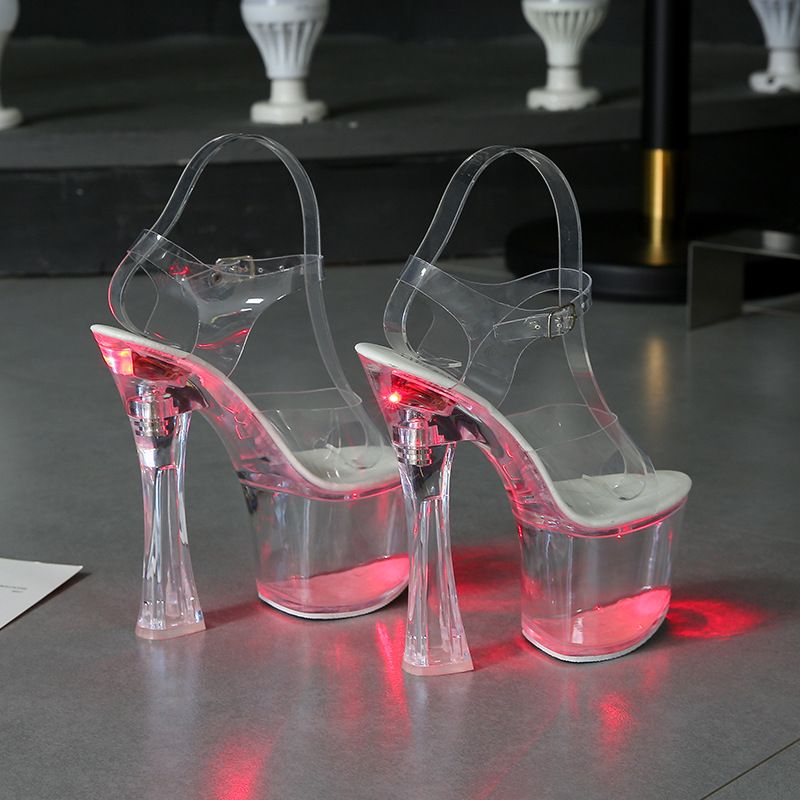 Size 34-43 New Thick Heels Hentian High Nightclub Luminous Sandals Women's Walking Show Steel Pipe Dance Shoes Crystal_voghion.com