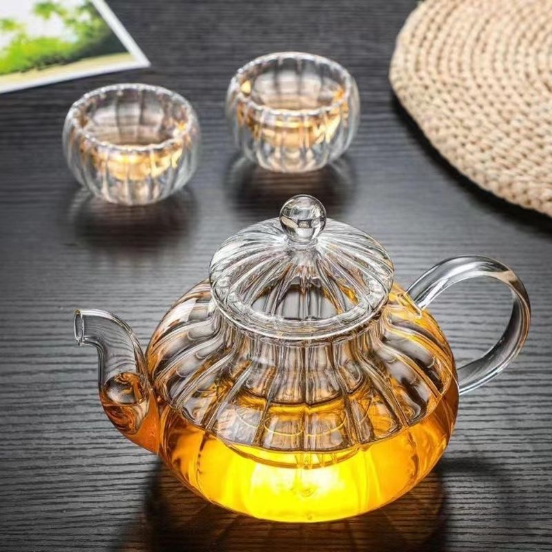 Striped Flower Teapot Thickened Glass Heat Resistant Explosion Proof Teapot Pumpkin Pot High Borosilicate High Temperature Resistant Flower Teapot_voghion.com