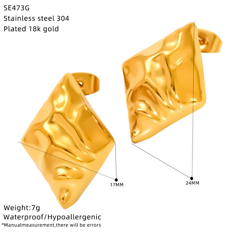Earrings Unisex Jewelry Fashion Exaggerated Gold Stainless Steel Concave And Convex Hammer Pattern Prismatic Symmetrical Earrings_voghion.com