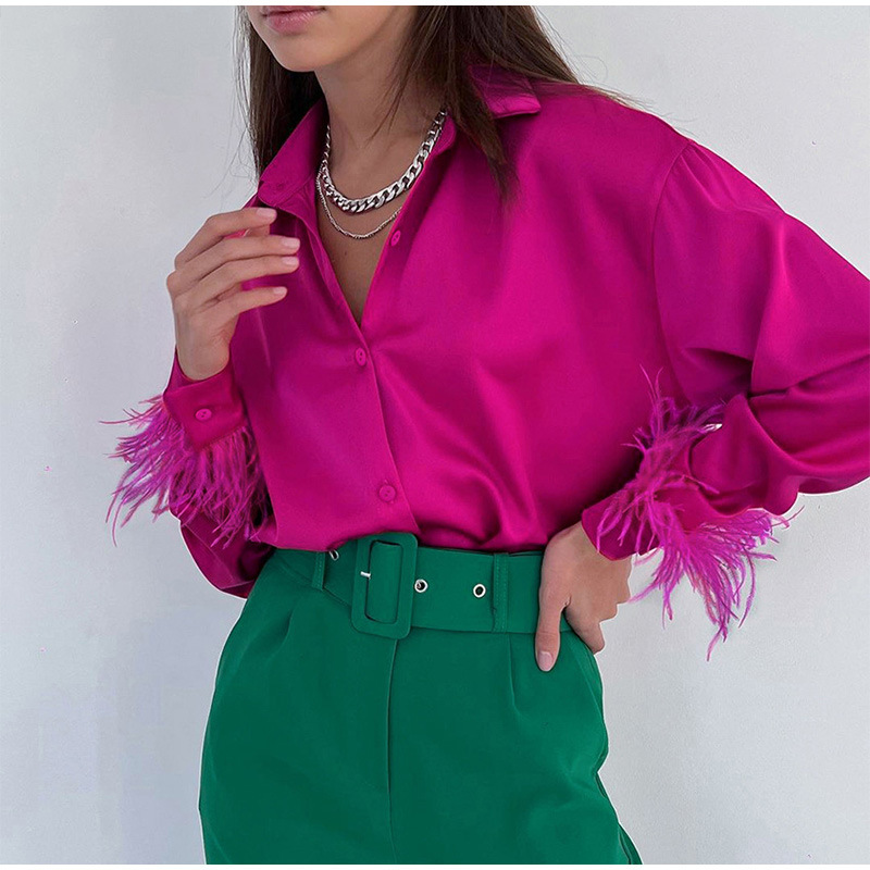Abbigliamento da donna estate nuova moda casual versatile camicia in capelli di struzzo con cuciture in piume di seta ghiaccio per donna_voghion.com