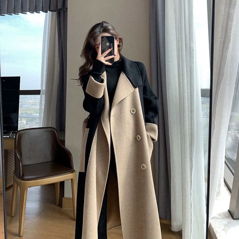 Hepburn Style Coat Women, Long 2025 Winter New High-End Elegant Slimming Color-Block Woolen Overcoat For Women_voghion.com
