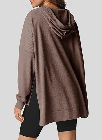 2025 Autumn Winter Women's Hoodie Waffle Knit Side Split Pullover Sweatshirt With Pocket Long Sleeve_voghion.com