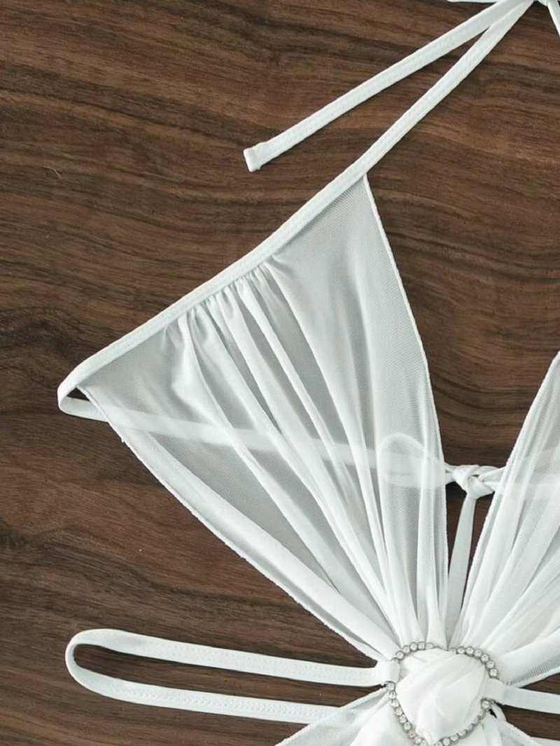 Bikini romantico sexy in rete con gonna in rete, set in tre pezzi, bikini alla moda in tinta unita_voghion.com