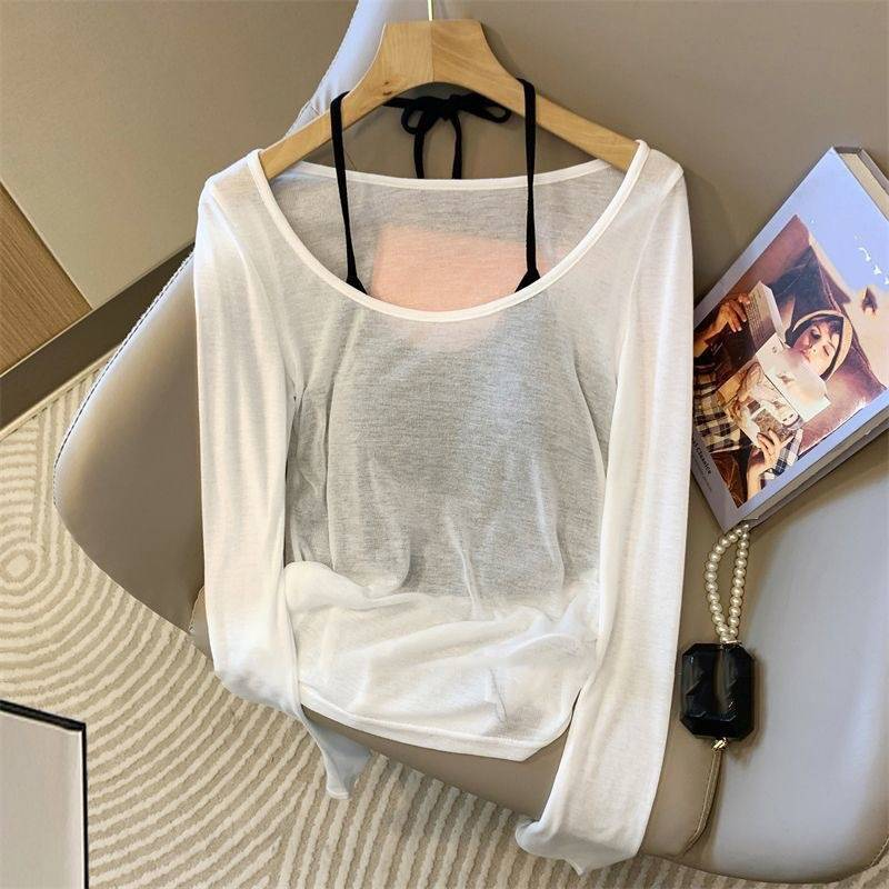 Abbigliamento da donna Hottie Summer Suit Hollow Pieghe Protezione solare Maglia Camicetta Maniche lunghe Bretelle Gilet sottile Due pezzi Suit_voghion.com