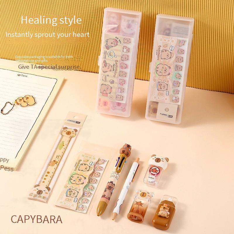 Cute Capybara Stationery Set - 12-Piece Transparent Pencil Case With Stickers & Correction Tape, Fun School Supplies For Students_voghion.com