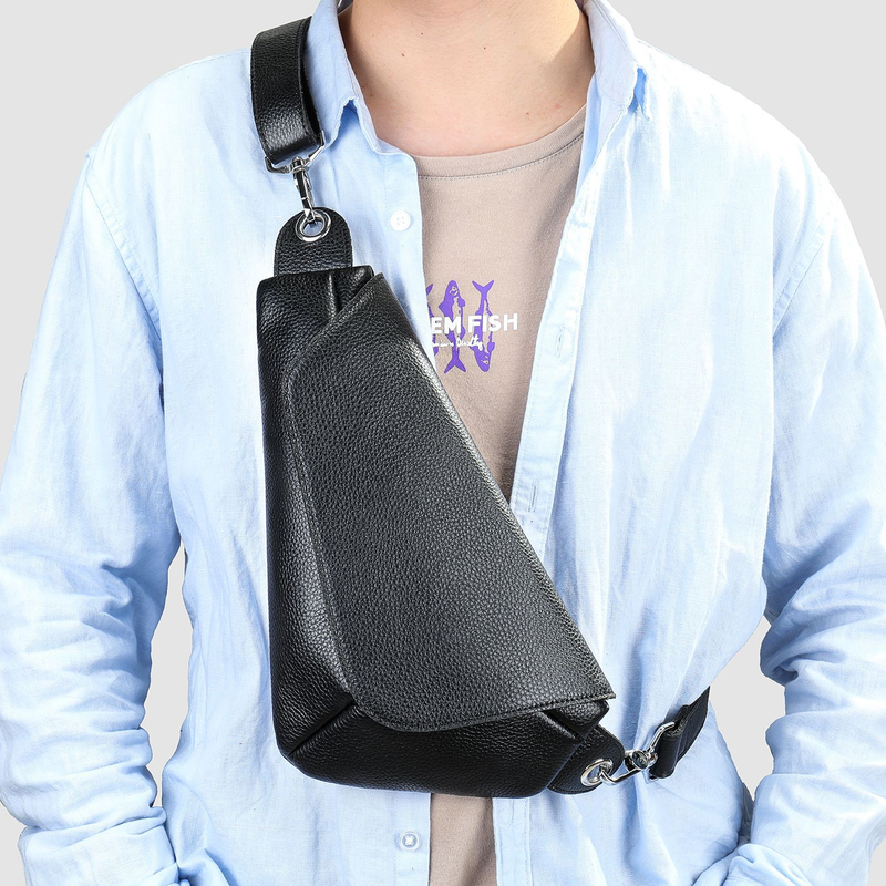 Sac de poitrine en cuir véritable pour homme - Sac à dos élégant à bandoulière pour un usage quotidien, imperméable et durable, petit sac à dos en cuir de vache noir_voghion.com