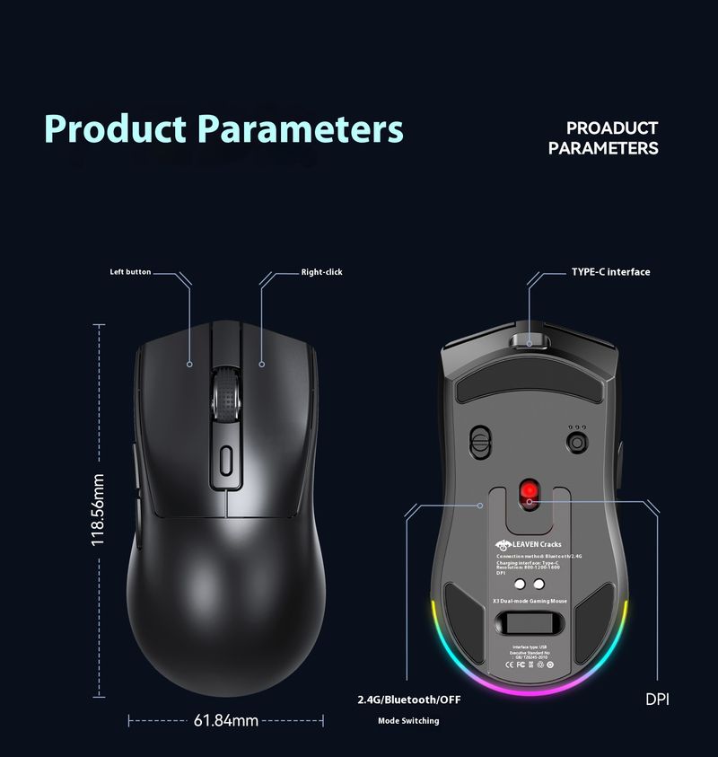 Mouse da gioco wireless con dock di ricarica RGB - Bluetooth e doppia modalità 2.4G, 2000 DPI, 6 velocità regolabili, rotella di scorrimento a 4 vie, design ergonomico_voghion.com
