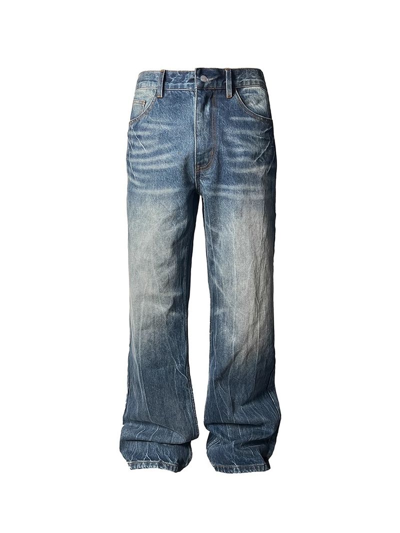 Jeans bootcut da uomo con gamba dritta e lavaggio effetto consumato - Pantaloni in denim vintage per abbigliamento casual (nero, blu)_voghion.com