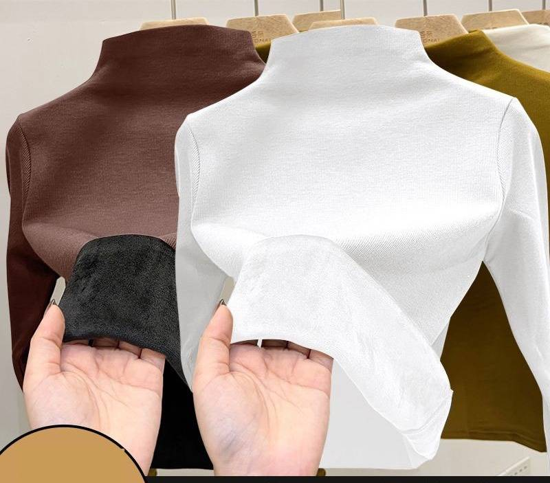 Maglietta a collo alto da donna con fodera in pile termico - Strato di base caldo invernale con pile di volpe argentata, maglia a maniche lunghe attillata per il freddo_voghion.com