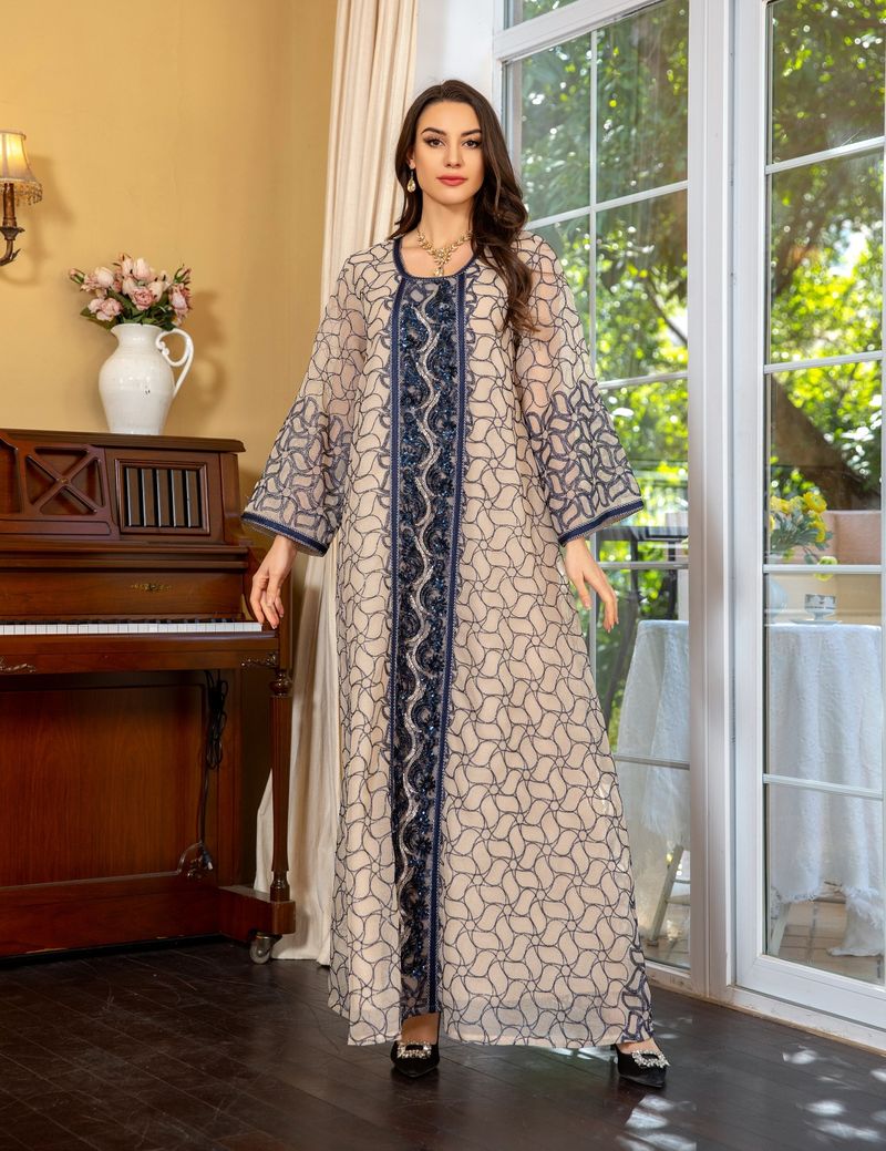 Women's Clothing Muslim Sequin Embroidery Fashion Mesh Embroidery Dress Jalabiya Robe Dubai Robe_voghion.com