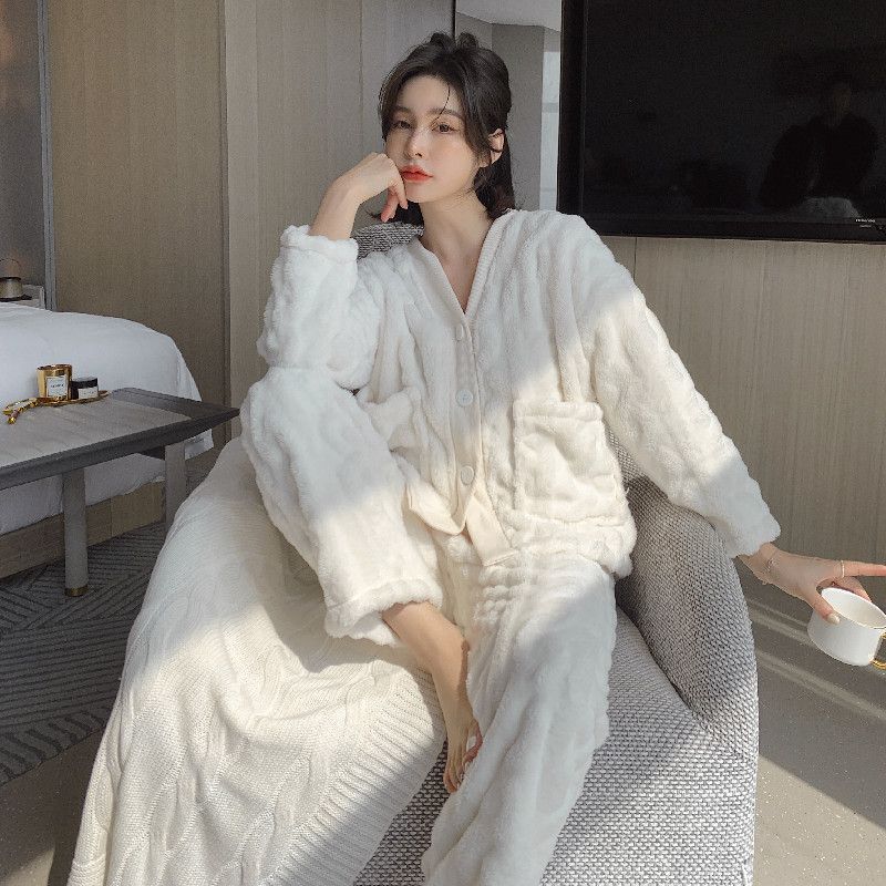 Flannel women's autumn and winter pajamas with thick flannel, double long two-piece set, wind-driven warm home clothes_voghion.com