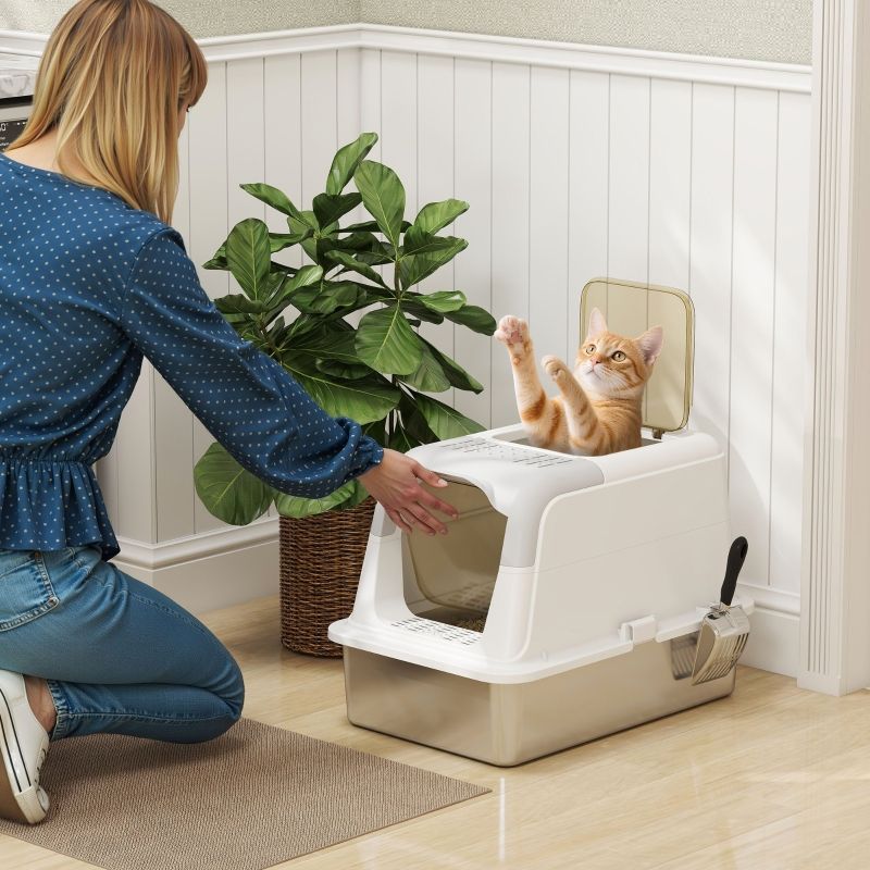 Katzentoilette Mit Deckel, Streuschaufel, Edelstahl Bis 15kg_voghion.com