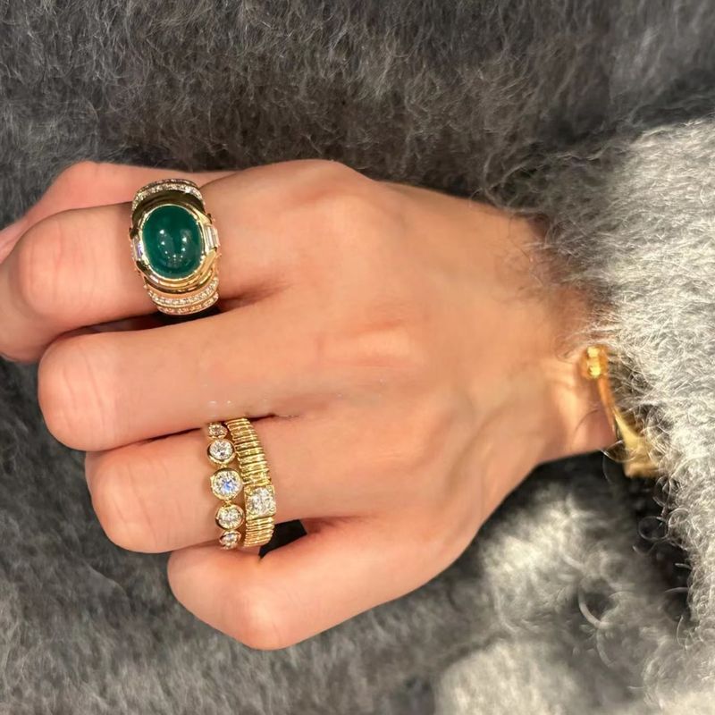 Offener Ring aus französischem hellbuntem Edelstein für Damen, Vintage-Smaragdgrün, vergoldet, italienischer Diamant_voghion.com