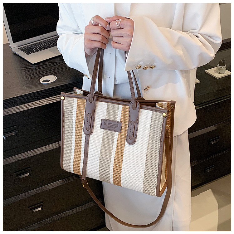 Nowa torba z grubej bawełny o dużej pojemności płócienna torba damska transgraniczny handel zagraniczny kontrastowy kolorowy pasek torba na ramię trend w modzie torba listonoszka_voghion.com